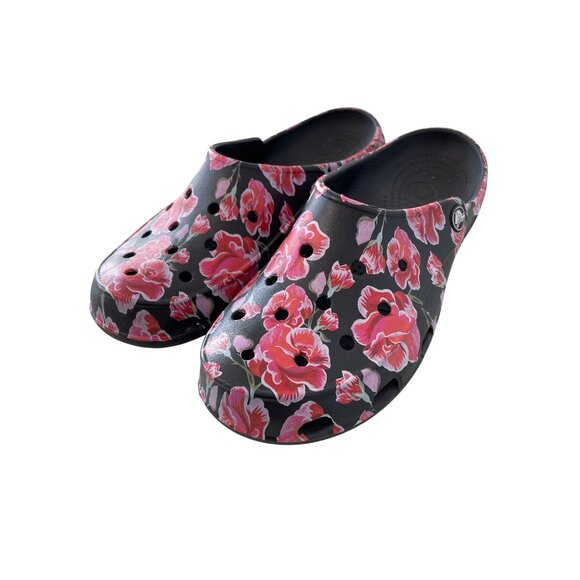 Crocs Mules Size 9 Freesail Floral Slip On Water Friendly Shoes Black Pink Work - Picture 1 of 9